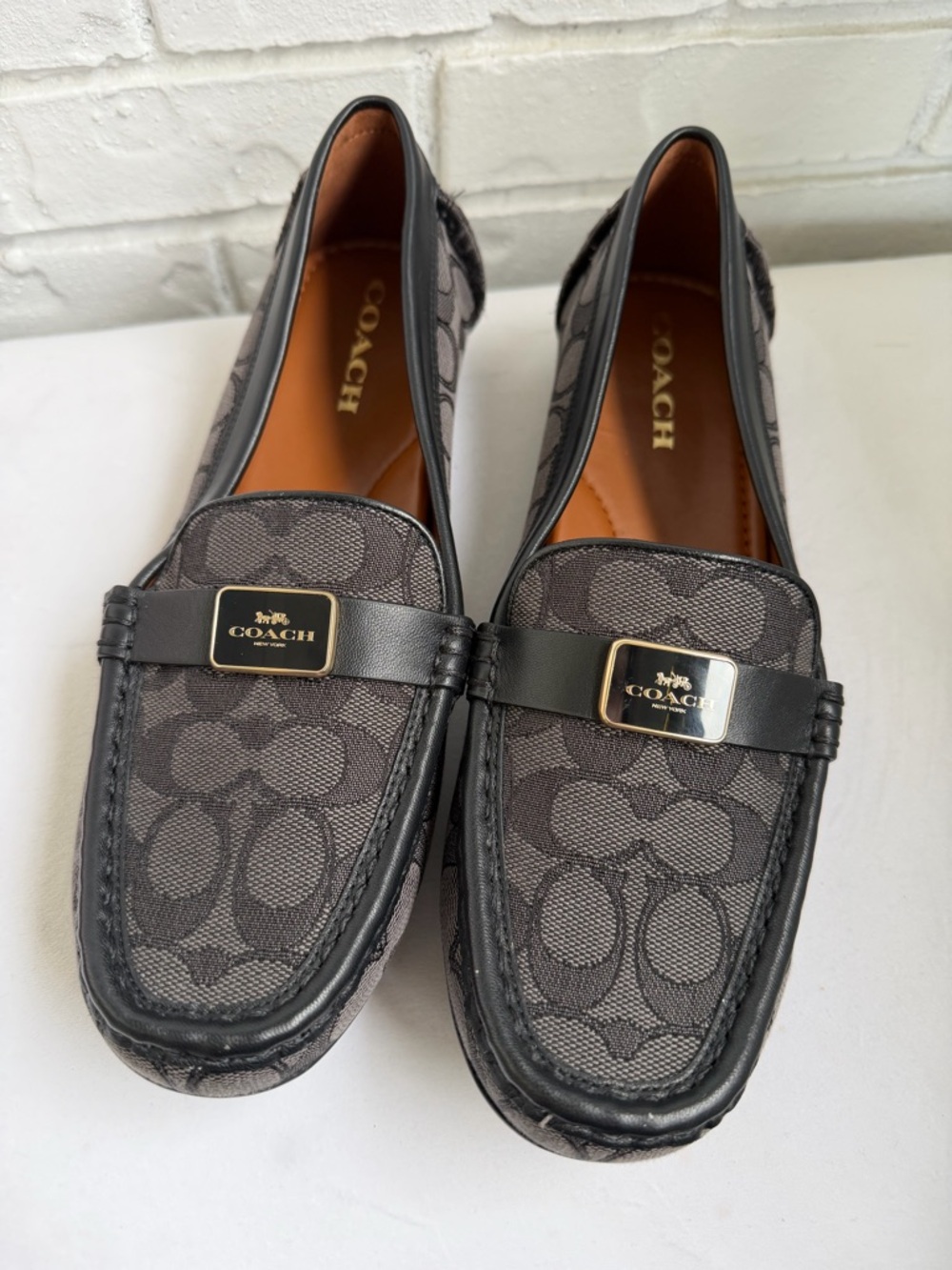 Coach Women's Charcoal Signature Canvas Penny Loafers with Gold Plaque